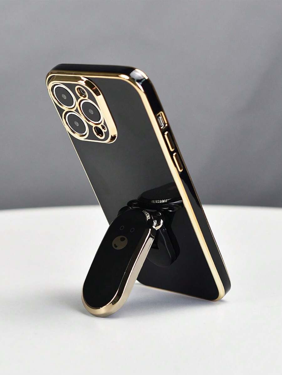 1pc Electroplated Cute Bear Phone Stand Case, Hidden Grip Stand Anti-Shock Slim Protective Case With Full Camera Lens Cover, Compatible With Iphone 7/8/11/12/13/14/15/X/XR/Xs/Plus/Pro/Pro Max/SE2/Mini Series Waterproof Anti-Fall Scratch Resistant - Black - View 1