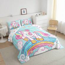 Unicorn Bedding Queen,Star Print Rainbow Kids Comforter Sets For Girls Comforter Set,Cute Unicorn Duvet Quilt,Cute Animal Bedding Rainbow Bedroom Decor,Blue - 黃色 - 查看 2