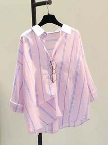 女式条纹休闲/办公室优雅条纹纽扣长袖衬衫，春夏 - 粉色 - 查看 3