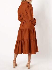 Women's Dresses Long Sleeve Dresses Casual V Neck Tie Button Down Flutter Tie Waist Shirt Dresses - 銹紅色 - 查看 2
