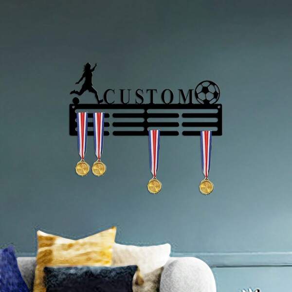 Personalized Female Soccer Medal Holder - Vintage Scandinavian Style Metal Wall Decor With 12 Medal Rungs & Soccer Ball Motif - Award Display For Female Athletes, Home Entryway Decor (No Power Required), Soccer Gifts For Girls, Customizable Decor