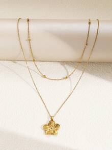 1 件简约欧美风格不锈钢珠链配花卉吊坠项链，男女通用 - 項鍊 - 查看 4