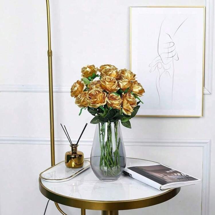 100pcs Artificial Golden Rose Flowers, Fake Roses, Suitable For DIY Wedding Bouquets, Tabletop Decor, Bridal Shower, Valentine's Day Decoration, Baby Shower, Home Decor, Indoor/Outdoor Decoration, Vase Filler, Floral Arrangements, Centerpieces - Gold - View 4