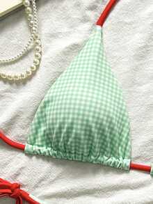 Set de 2 piezas Bikini de mujer estampado de cuadros azul y blanco 2025 - Verde - Ver 3