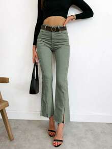 Women's Color Cloth Pants Bootcut Pants Women's Jeans Women's Bootcut Pants Fashionable Solid Color Pocket Button Zipper - Army Green - View 2