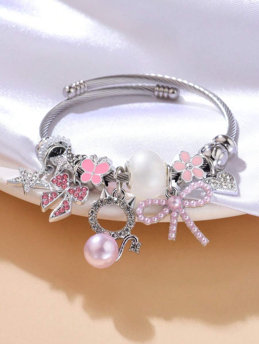 1pc Women's Acrylic Flower, Bow, Heart Beaded Stainless Steel Bracelet