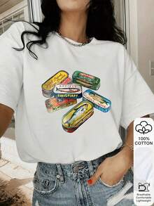 2026 Canned Fish Print 100% Cotton Short Sleeve T-Shirt, Summer Tee, Graphic Tee, Casual Summer Outfit, Cotton T-Shirt, Summer Top, Oriental Aesthetic Streetwear Inspired Tee - 100% Premium Cotton Easter Bunny Print T-Shirt, 2026 Back To School Outfit, School Style Inspiration, Back To School Essential, First Day Of School Outfit, 2026 Back To School Fashion, Retro Women Top, Collegiate Style Clothing White - White - View 4