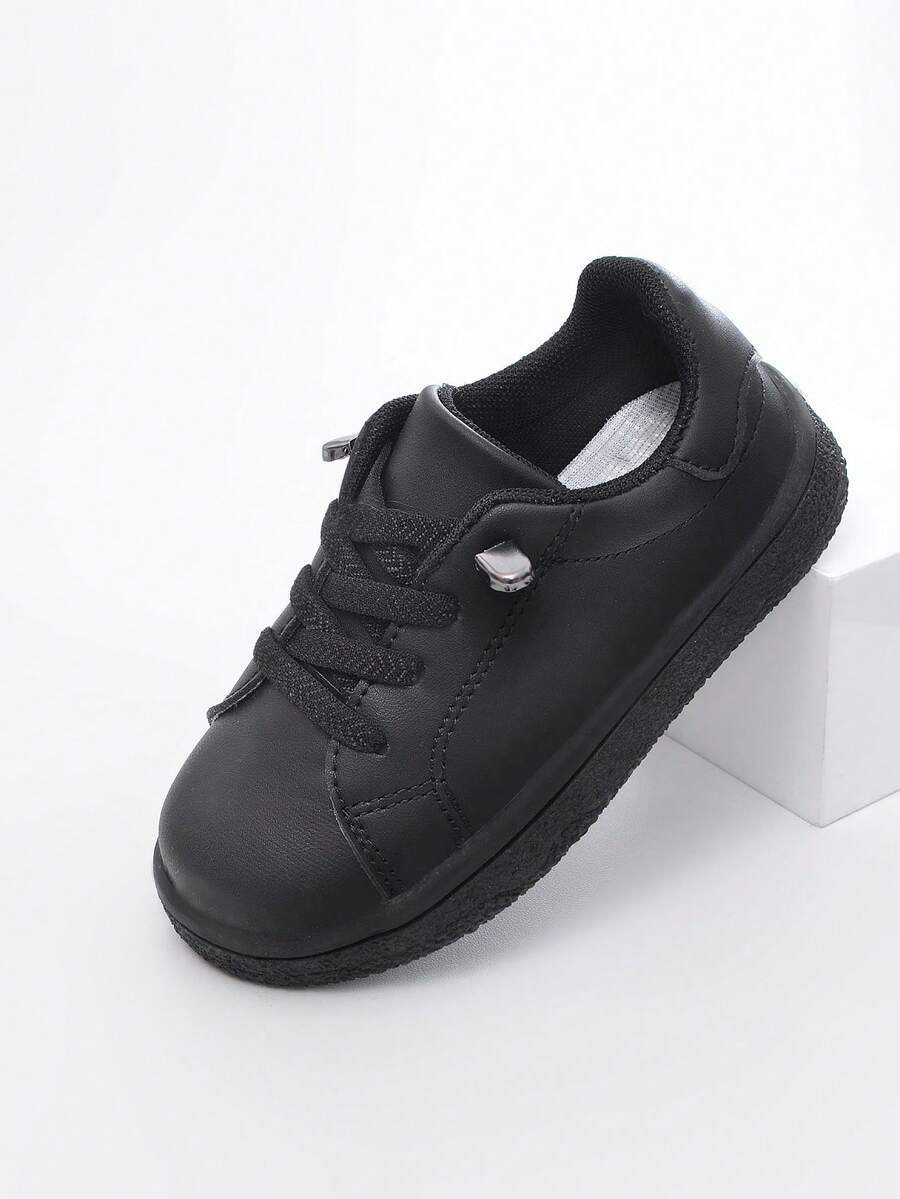 1 Pair New Kids' Slip-On Lace-Up Sports Shoes, Fashionable Comfortable Durable Little White Sneakers, Lightweight Anti-Slip Easy To Match, Suitable For Daily Wear And Running - Black - View 1