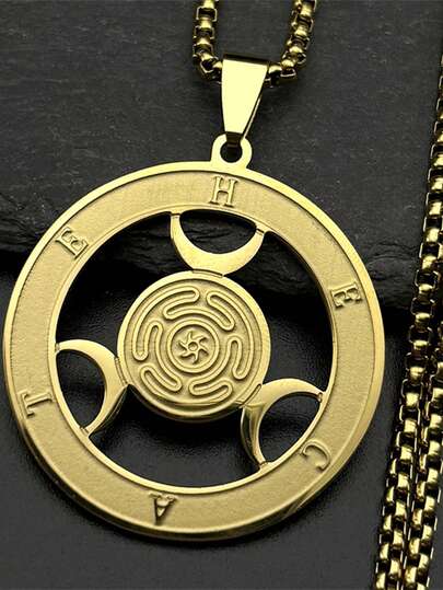 Wicca Triple Moon Goddness Hekate Wheel Stainless Steel Pendant Necklace Strophalos Hecate Magic Symbol Charm PIN Jewelry Gift
