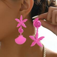 1 par de elegantes y dulces pendientes asimétricos con diseño de estrella de mar y concha para mujeres, adecuados para vacaciones, cumpleaños, citas, fiestas, vacaciones y uso casual