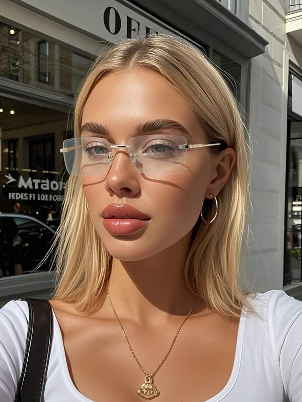 1 pereche ochelari de soare metalici mici, fără rame, cu lentile plate transparente, protecție pentru ochi, stil casual, portabili, simpli, transparenți, pentru citit, birou, vizionarea TV, jocuri, pot filtra lumina albastră dăunătoare, accesorii de modă, înapoi la școală, stil preppy, aspect școlar