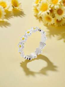 1 Stück 925 Sterling Silber Hypoallergener Ring in Blumenform mit gelber Emaille - süß und niedlich - perfekt für den täglichen Sommer-Stil von Mädchen oder Picknick-Ausflüge - ideales Geburtstags-/Feiertagsgeschenk für Töchter/Enkelinnen