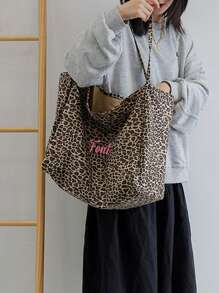 1pc Personalized Women Leopard Print Canvas Shoulder Bag, Fashion Versatile Handbag Tote Bag For Work Commute, Embroidered Custom Name Underarm Bag, Large Capacity Lightweight Storage Bag, Portable Tote For School, Suitable For Daily Use, Shopping, Party, Great Gift For Family, Friends, Lover, For Christmas, Spring Festival, Mother's Day, Women's Day, Valentine's Day, Teacher's Day, Nurse's Day, Thanksgiving, Independence Day, Birthday