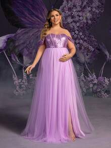 Faeriesty Dressalisa 优雅大码孕妇礼服，露肩、后系带和开衩大腿下摆 - 薄纱覆盖，适合春夏婚礼、孕妇写真和正式活动（精致飘逸外观） - 紫色 - 查看 4