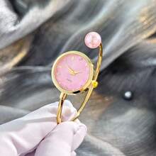 1pc Women's Delicate Bracelet Watch With Large Pearl, Diamond-Cut Glass Crystal Dial, Minimalist Quartz Watch Bracelet - Pink - View 5