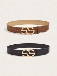 2 件女士经典纯色复古装饰休闲牛仔腰带，配金色扣，PU 皮革