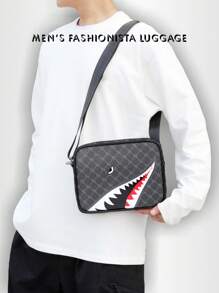 Fashionable Men's Casual Plaid One Shoulder Sports Messenger Bag, Stylish Square Messenger Bag For Men, Unique Shark Mouth Design Luxury Men's Small Bag, Men's Messenger Bag For Sports, Travel, Holidays, Retro