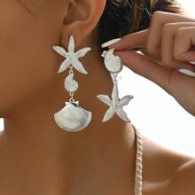 1 par de elegantes y dulces pendientes asimétricos con diseño de estrella de mar y concha para mujeres, adecuados para vacaciones, cumpleaños, citas, fiestas, vacaciones y uso casual