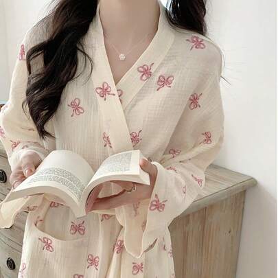 1 件女士浴袍、和服睡袍、简约欧式长袖、春秋、小码至加大码、粉色蝴蝶结装饰、轻盈纯色家居服