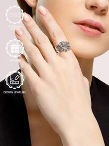 S925 Sterling Silver Boho Style Blackened Thorned Rose Floral Wide Band Vintage Goth Ring, Suitable For Men & Women Daily Wear, Wedding Engagement, Halloween, Valentine's Day, Mother's Day, Music Festival Gift, With Gift Box