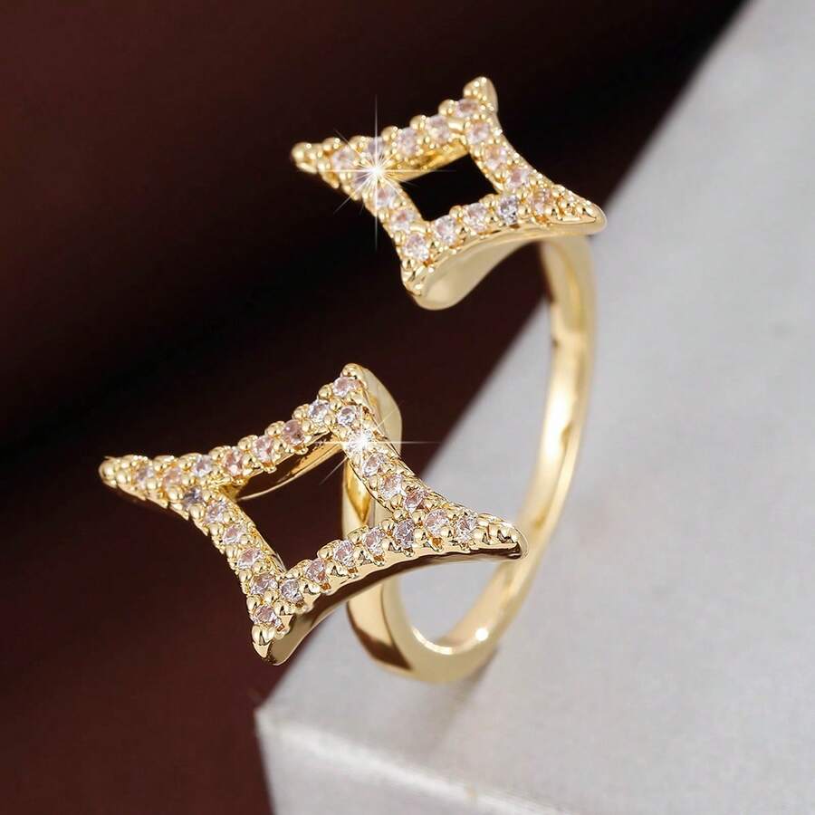 1 件简约镂空四角星设计方晶锆石女士可调节戒指 - 彩色 - 查看 1