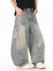 1 szt. Jeansy męskie Justice Brother Casual z przetarciami i rozkloszowaną nogawką, w stylu japońskim, w stylu vintage, z luźnym krojem i szerokimi nogawkami (bez paska i dodatków) - Niebieski - Zobacz 2