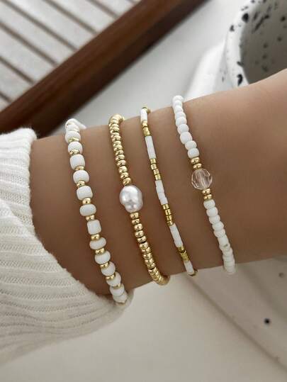 4pcs CCB Rice Bead Bracelets, Fashionable Asymmetrical Faux Pearl Bead Bracelets, Beach Style Accessories For Women (Mixed Rice Beads, Unposition)