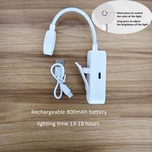 1pc Mini 4 LED Rechargeable Clip Book Light, Eye-Caring Small Table Lamp For Reading In Bed - 3 Color Temperatures, Dimmable Brightness Compact Lightweight Clip-On Book Reading Light, Rechargeable Nursing Lamp, Adjustable Bedside Warm Night Light - White - View 14