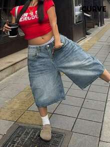 Quần short denim nữ cỡ lớn mùa xuân và mùa hè mới phong cách đường phố châu Âu và Mỹ cạp vừa không co giãn rộng rãi thường ngày cỡ lớn - Rửa trung bình - Xem 3