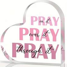 2D Flat, Elegant Heart-Shaped Acrylic Prayer Decor With "Pray It Over It" Inspirational Pink Verse - Classic Desktop Christian Gift For Women, Home & Office Religious Spaces, No Electricity Needed, Religious Desk Decor | Modern Religious Art | Sleek Tabletop Decor