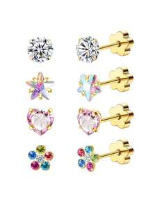 4 对女士防过敏平背耳环不锈钢软骨耳环平背心形星形花朵手工螺丝背耳环适合敏感肌肤午睡耳环 - 4對 - 查看 4