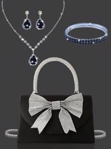 Bolso de mano con broche de lazo y cristales, elegante bolso de mano con cristales para bodas y fiestas, bolso de fiesta elegante para damas, set de 3 piezas con colgante de cristales brillantes: collar, aretes y pulsera, ideal para fiestas, bailes de graduación, bodas y cenas.