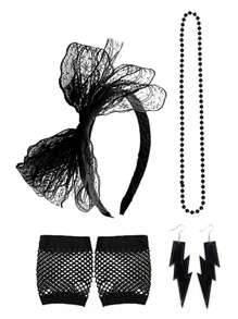Conjunto de 6 peças de acessórios para fantasias dos anos 80 para mulheres, faixa de cabeça de renda, brincos vintage com relâmpago, luvas e colar, adequado para lhe proporcionar praticidade para se vestir para a maioria das festas de Halloween