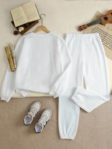 Conjunto de sudadera de cuello redondo casual de manga larga y pantalón de chándal - Blanco - Blanco - Ver 2