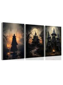 Juego de 3 obras de arte de lienzo de Halloween, arte de pared de academia oscura, bruja espeluznante, gato negro, castillo, carteles, impresiones, thriller, horror, decoración gótica de pared para fiesta de Halloween, decoración de la habitación, decoración gótica, decoración de dormitorio, decoración de sala de estar