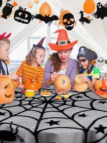 1pc 40 X 40 Inch Halloween Spider Web Round Tablecloth - Black Lace Star Table Runner, Gothic Party Horror, For Home Tabletop Decoration Halloween Party Decoration Home Decor Halloween Decor Fall Decor Room Decor Autumn Decor