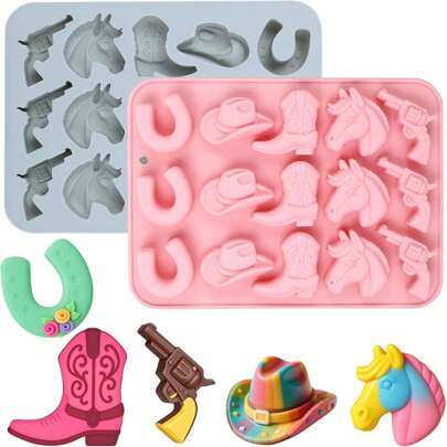 1 pièce Moule en silicone de style occidental avec des moules en forme de pistolet, de chapeau, de botte et de cheval, un excellent choix pour les collations de fête ; moules de style occidental faciles à retirer, moules en silicone anti-adhésifs, moules faciles à nettoyer, moules multi-formes, moules à thème amusant, accessoires de cuisson de cuisine occidentale