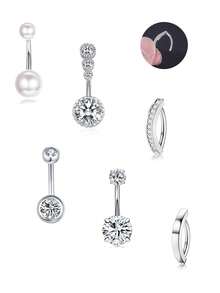 6 件医用级不锈钢肚脐环套装，8 毫米 CZ 镶嵌和仿珍珠设计，可爱的身体珠宝穿孔配件，日常礼物