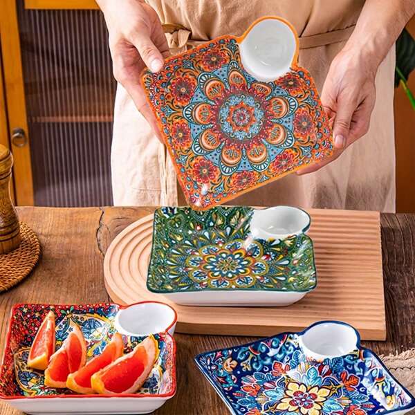 1pc Bohemian Ceramic Dinner Plates With Sauce Dish, Rectangle Decorative Dipping Sauce Plates, Multi-Compartment Serving Trays For Dumplings, Breakfast, Fruits - Perfect Gift For Christmas Dinner, Thanksgiving, Easter Brunch, Mother's Day & Housewarming - 19.05 Cm,School Supplies