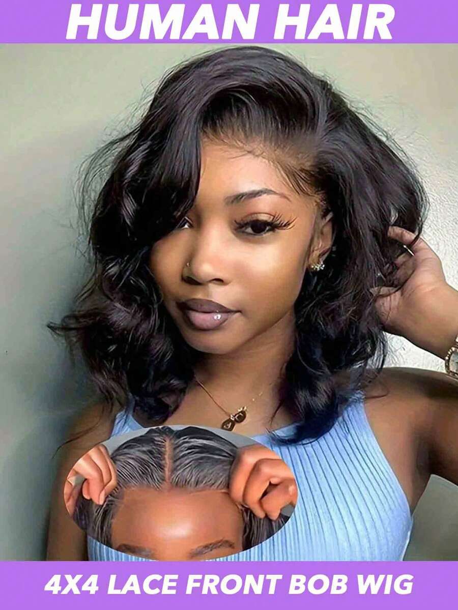 Peluca bob sin pegamento de cabello humano, peluca ondulada de bob corto con cierre frontal de encaje para mujeres, peluca de cierre de encaje 4x4 pre desplumada para usar y llevar, peluca de cierre de encaje cortada previamente mejorada sin pegamento en colores naturales de 8 a 16 pulgadas - Natural Black - Ver 1