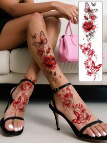 2pcs Temporary Tattoo Stickers, Featuring A Red Butterfly And Rose Design. Waterproof Temporary Tattoo Stickers, Suitable For Women's Legs, Arms And Feet. Easy To Use And Remove Temporary Tattoos, Perfect For Women's Body Art Fake Tattoos.