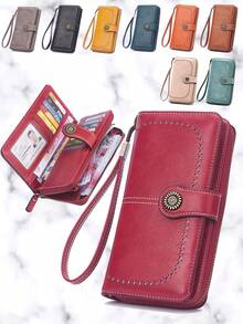 1 件复古 RFID PU 皮革钱包，带纽扣装饰，腕带钱包，适合商务休闲，男女通用 - 彩色 - 查看 2