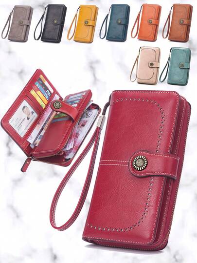 1 件复古 RFID PU 皮革钱包，带纽扣装饰，腕带钱包，适合商务休闲，男女通用