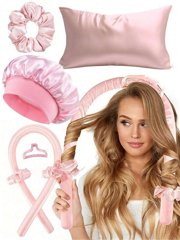 WANMEI Ensemble de soins capillaires premium de 4 pièces - Comprend 1 taie d'oreiller en satin ultra douce, 1 bonnet de nuit en soie léger, 1 tige à boucler sans chaleur et 1 élastique doux pour les cheveux - Ensemble ultime de protection et de mise en forme des cheveux pendant la nuit