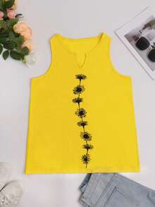 Casual & Fashionable Women Floral & Plant Print Sleeveless V-Neck Tank Top - Yellow - View 3