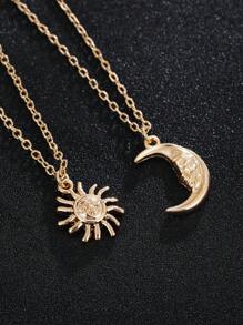 2 pièces/set Collier pendentif rétro européen lune, soleil et visage, design à la mode pour les femmes et les couples, accessoire quotidien idéal et choix de cadeau