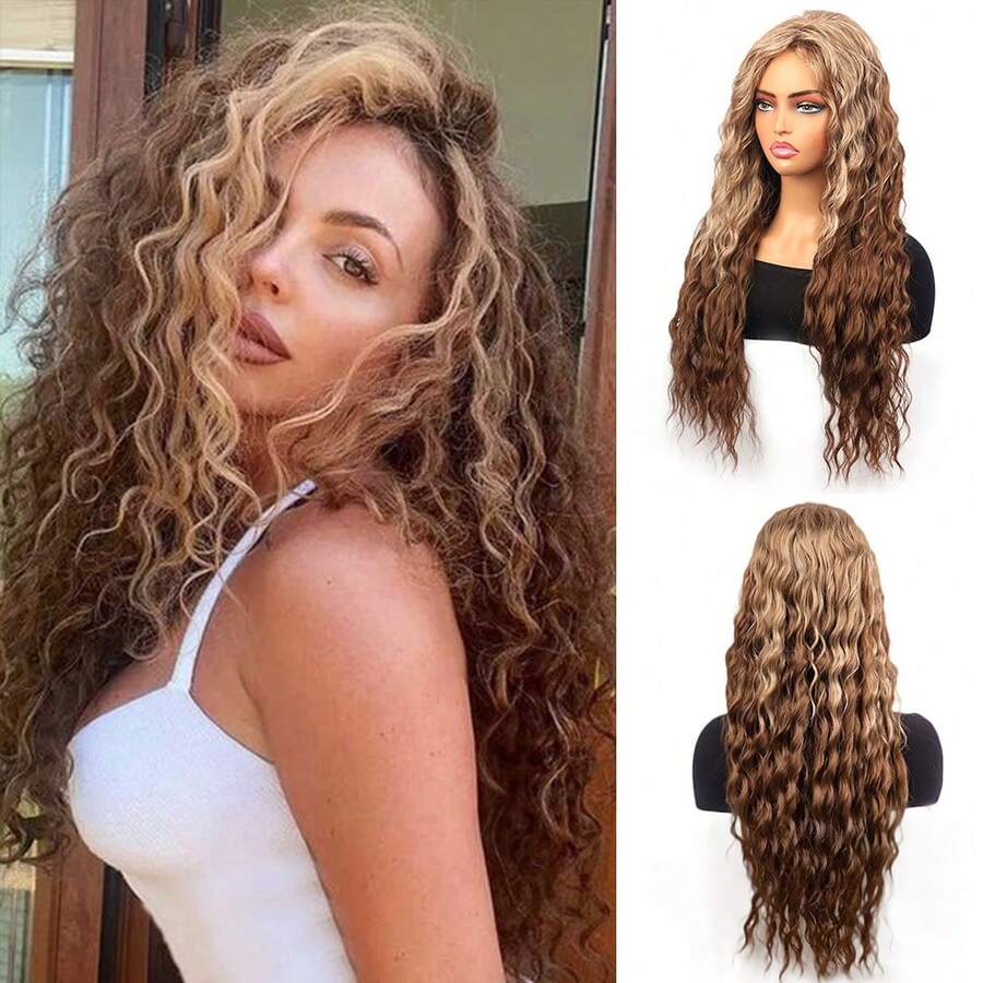 Long Curly Pink Gradient Wig With Middle Part For Women, Fully Synthetic Internet Celebrity Wig - S-1107-C - 查看 1