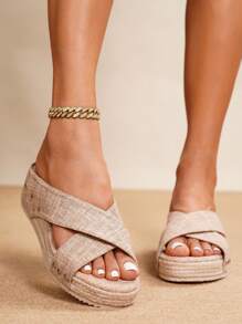 Women's Platform Wedge Thick Sole Sandals, Straw Rope Slides, Suitable For All Seasons Wear, Vacation, Party, Casual, Beach