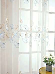 1 Peça Cortina Transparente Perfurada de Estilo Chinês com Bordado de Folha de Ginkgo, Elegante para Sala de Estar ou Quarto