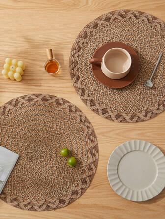 1/4 Pc Jute + Polyester 15-Inch Round Place Mat, Rustic Minimalist Design, Heat Insulation Non-Slip Decorative Dining Mat, Suitable For Holidays And Parties